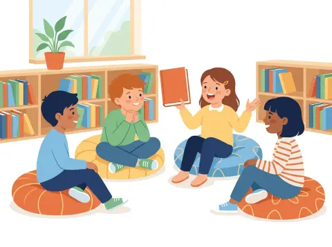 Buchvorstellung: In einer Schulbibliothek sitzen Kinder auf Kissen, ein Mädchen hält ein Buch hoch und erzählt begeistert davon.