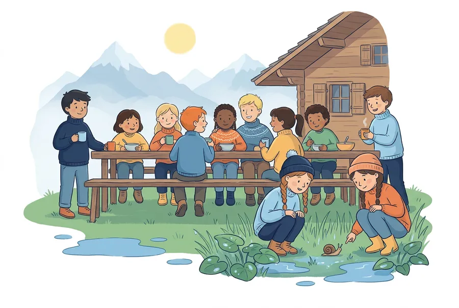 Kinder sitzen beim Frühstück an einem Holztisch vor einem Lagerhaus in den Bergen und schauen eine Schnecke im Gras an.
