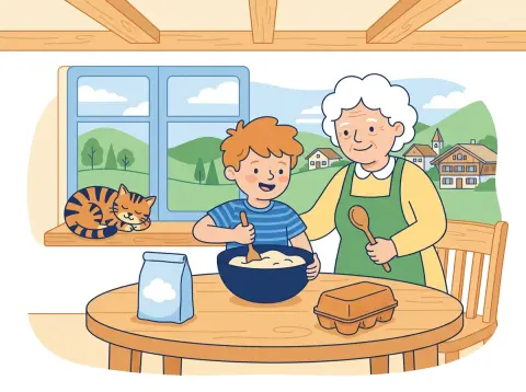 ck und tz: Ein Bub und seine Grossmutter backen in der Küche, auf dem Fensterbrett schläft eine getigerte Katze.