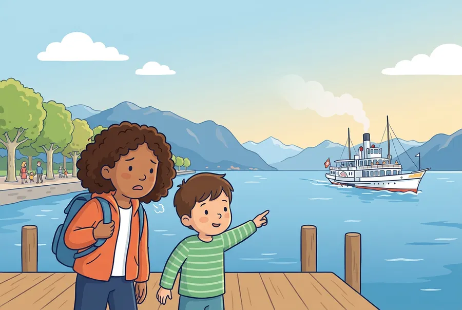 Ein Mädchen und ihr kleiner Bruder stehen enttäuscht am Steg in Lausanne-Ouchy, während das weisse Dampfschiff auf den Genfersee hinausfährt.
