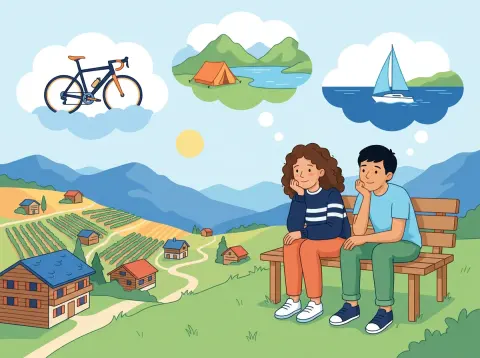 Conditionnel und si-Sätze: Zwei Jugendliche sitzen auf einer Bank über einem Walliser Tal und stellen sich vor, wohin sie reisen würden. Über ihnen schweben Gedankenwolken mit einem Velo, einem Zelt und einem Segelboot.
