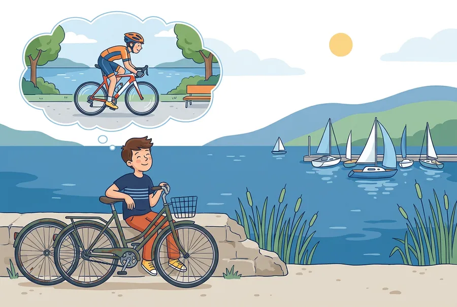Ein Jugendlicher sitzt mit seinem alten Velo am Ufer des Neuenburgersees und träumt von einem schnellen Rennvelo.