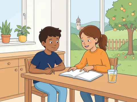 das oder dass: Zwei Kinder machen am Küchentisch Hausaufgaben. Das Mädchen zeigt in ihr Heft und erklärt, der Junge hört zu. Durchs Fenster sieht man einen Garten, Hügel und einen Kirchturm.