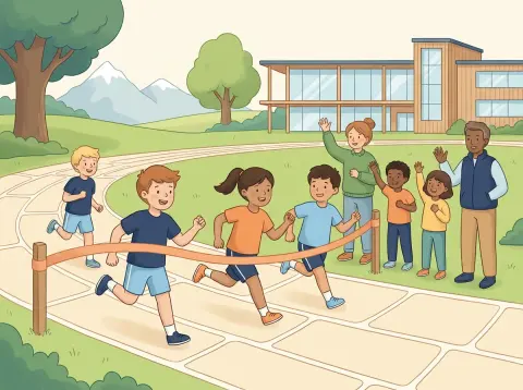 Dezimalzahlen verstehen und ordnen: Kinder rennen am Sporttag auf dem Schulhausplatz um die Wette, andere Kinder feuern sie an.