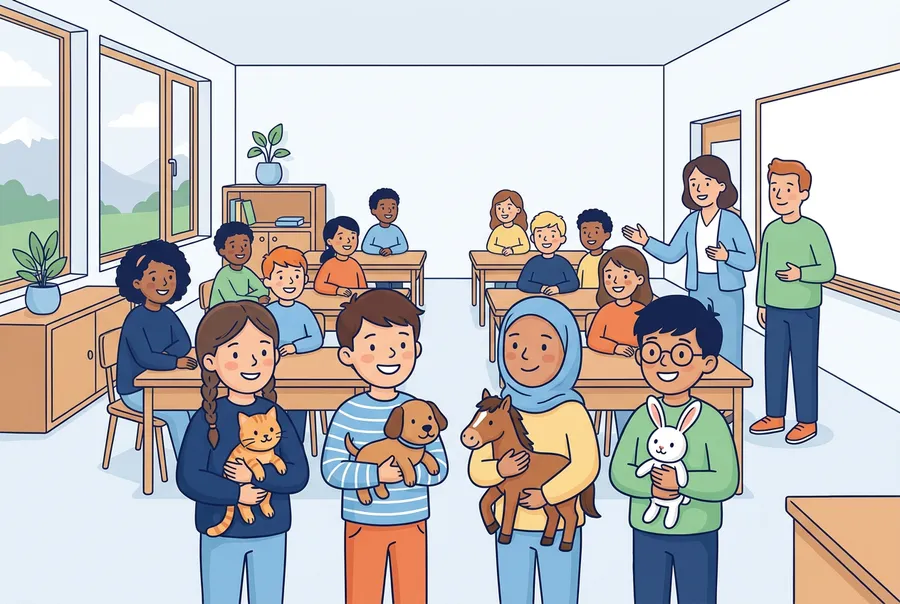 Kinder in einem Schulzimmer halten Stofftiere hoch: eine Katze, einen Hund, ein Pferd und einen Hasen.