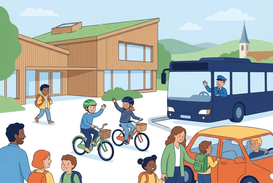 Kinder kommen am Morgen zu Fuss, mit dem Velo und mit dem Bus bei einem Schulhaus an.