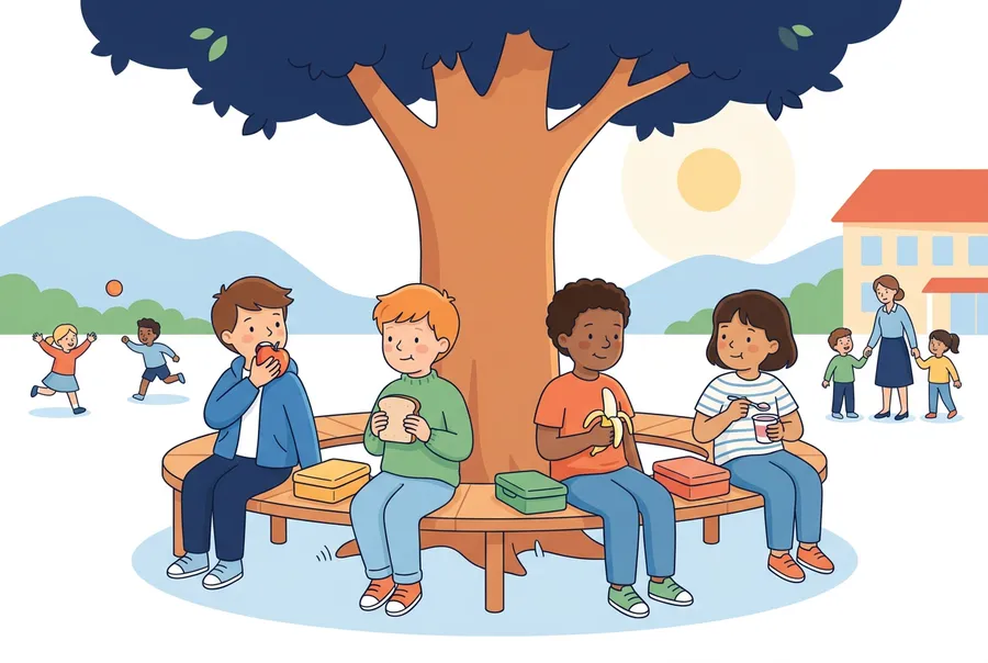 Kinder sitzen in der Pause auf einer Bank im Schulhof und essen Äpfel, Brot, Bananen und Joghurt.