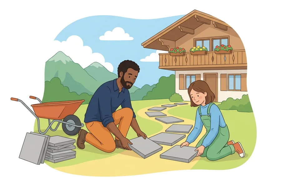 Ein Vater und seine Tochter legen graue Betonplatten für einen Gartenweg vor einem Haus in den Bergen.