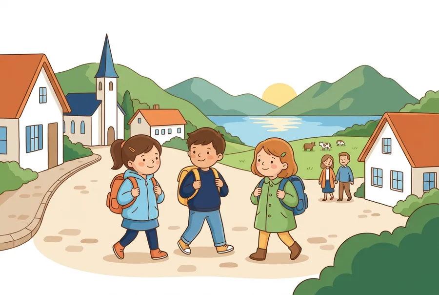 Kinder gehen durch ein kleines Dorf mit Kirchturm, Bauernhäusern und Wiesen, dahinter ein See und Hügel.