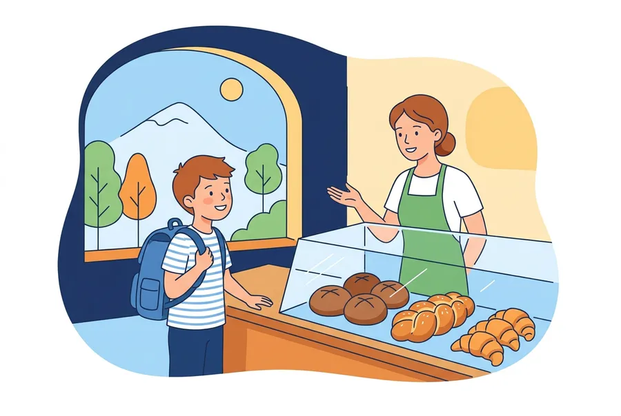 Ein Junge steht in einer kleinen Bäckerei an der Theke. Eine freundliche Verkäuferin spricht mit ihm, hinter dem Glas liegen Brot, Zopf und Gipfeli.