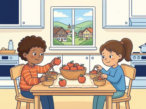 Teilen und Division mit Rest: Zwei Kinder verteilen am Tisch Äpfel gerecht in kleine Körbe, ein paar Äpfel liegen noch daneben.