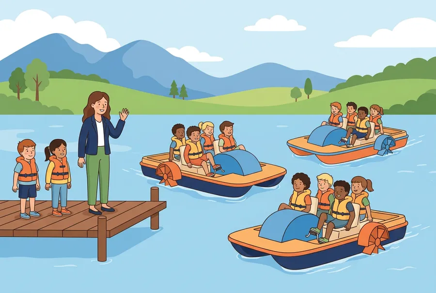Drei Tretboote auf einem Schweizer See, in jedem sitzen vier Kinder mit Schwimmwesten. Auf dem Steg warten die Lehrerin und zwei Kinder.