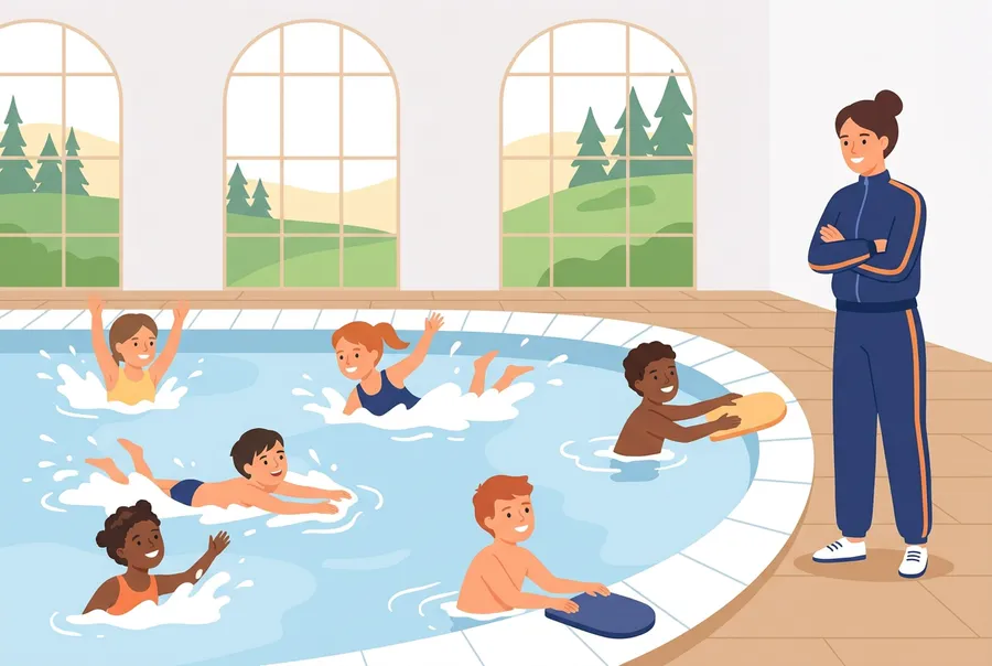 Eine Schulklasse schwimmt in einem hellen Hallenbad, die Lehrerin steht am Beckenrand.