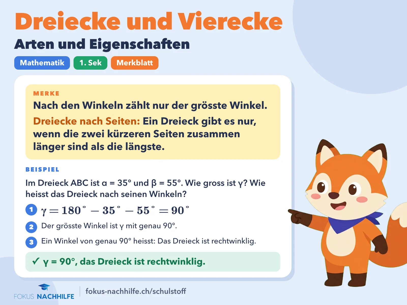 Dreiecke und Vierecke: Arten und Eigenschaften (parallelogramm): Merkblatt mit Regel und Beispiel. Nach den Winkeln zählt nur der grösste Winkel. Ein Dreieck gibt es nur, wenn die zwei kürzeren Seiten zusammen länger sind als die längste.