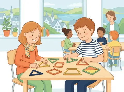 Dreiecke und Vierecke: Arten und Eigenschaften: Zwei Kinder legen am Schultisch aus farbigen Holzstäbchen Dreiecke und Vierecke, im Hintergrund arbeitet die Klasse.