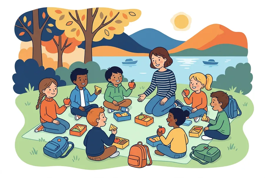 Eine Schulklasse picknickt mit ihrer Lehrerin auf einer Wiese unter grossen Bäumen am See, die Kinder essen Äpfel und Käse.