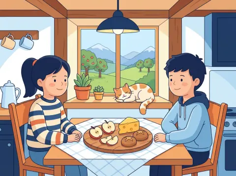 e oder ä: Zwei Kinder sitzen in einer gemütlichen Bauernküche am Holztisch und teilen sich Äpfel und Käse, auf dem Fenstersims schläft eine Katze.
