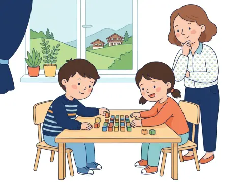 Einmaleins (kleines 1×1): Zwei Kinder legen in einem hellen Schulzimmer bunte Holzwürfel in ordentlichen Reihen auf den Tisch, eine Lehrerin schaut zu.