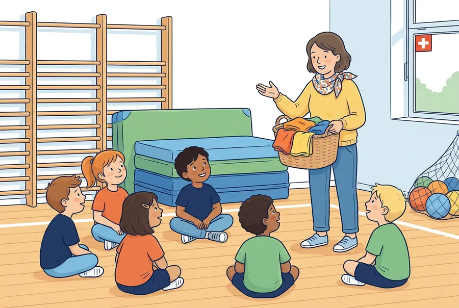 Kinder einer Primarschulklasse sitzen in einer hellen Turnhalle auf dem Boden, eine Lehrerin mit einem Korb voller farbiger Leibchen erklärt das nächste Spiel.