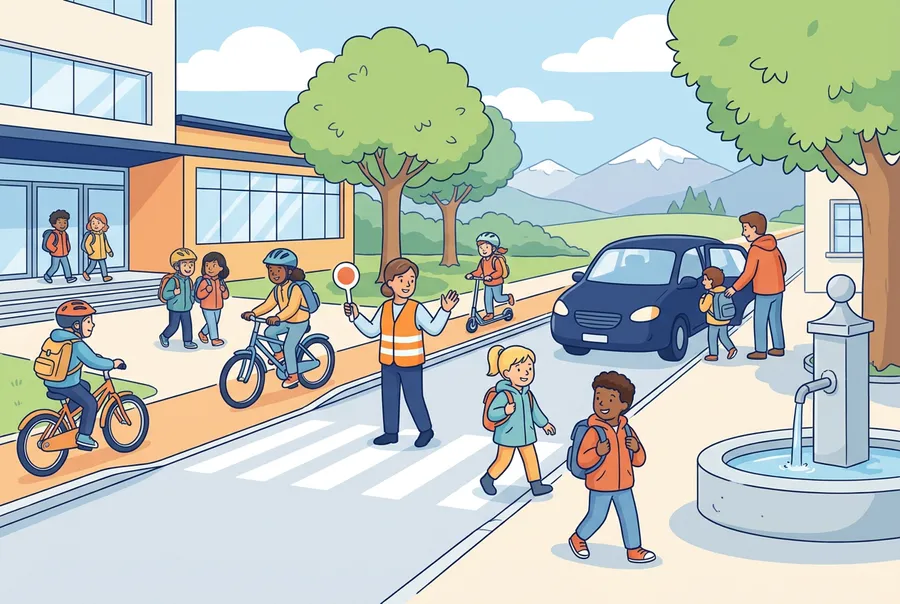 Kinder kommen am Morgen zu Fuss und mit dem Velo zur Schule, im Hintergrund hält ein Auto am Strassenrand.
