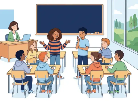 Argumentieren und Erörterung: Jugendliche diskutieren im Schulzimmer in zwei Gruppen, eine Schülerin steht und begründet ihre Meinung mit lebhaften Handbewegungen.