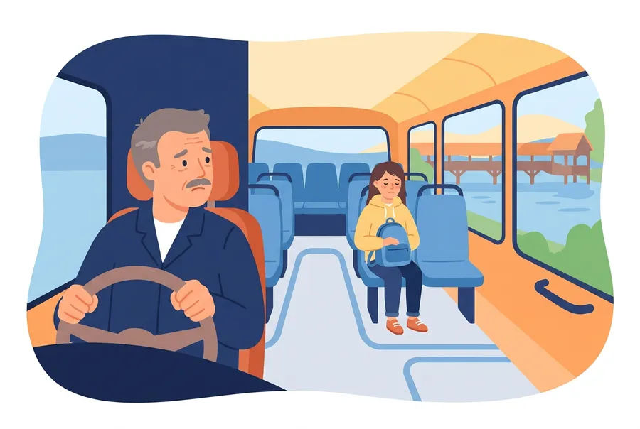 Ein müdes Mädchen sitzt allein in einem leeren Stadtbus, vorne am Steuer sitzt der Busfahrer und schaut besorgt, draussen eine alte Holzbrücke.