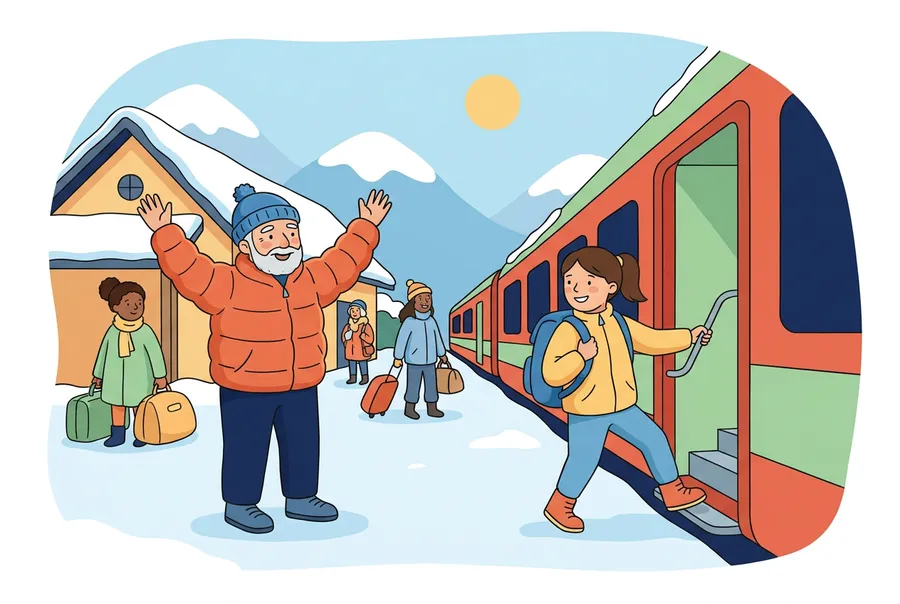 Ein Grossvater steht auf einem Bahnsteig in den Bergen und winkt mit beiden Armen einem Mädchen zu, das mit Rucksack aus einem roten Zug steigt.