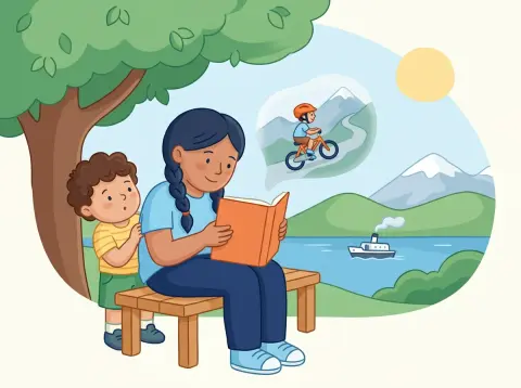 Erzählperspektive und Figuren: Ein Mädchen sitzt auf einer Bank am See und liest, über dem Buch schwebt wie ein Traum die Szene eines Jungen, der mit dem Velo einen Bergweg hinauffährt.