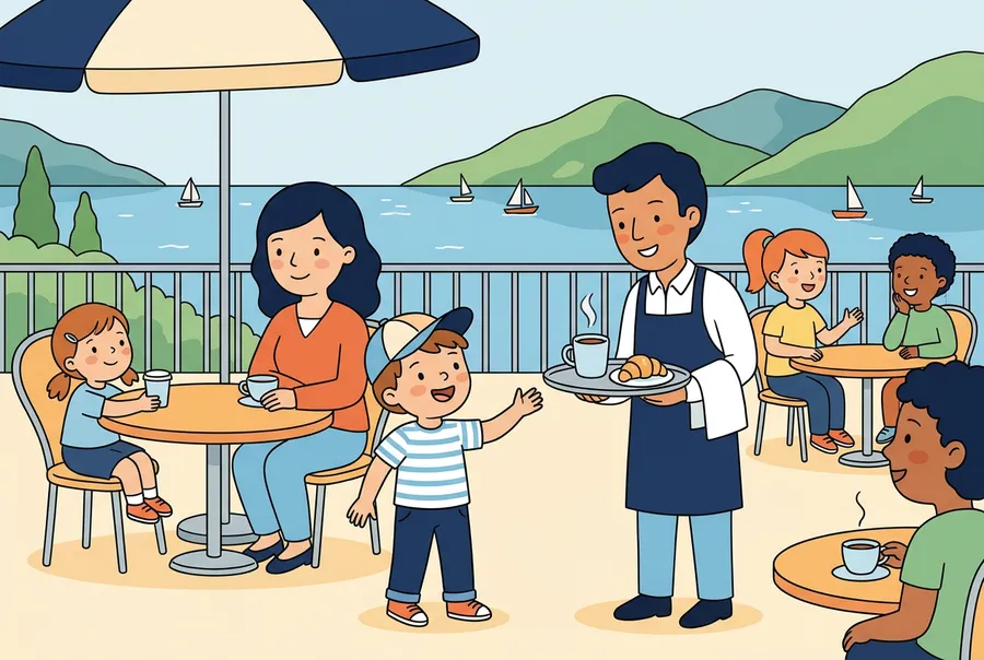 Ein Junge bestellt auf einer Café-Terrasse in Lausanne beim Kellner, daneben Mutter und Schwester, im Hintergrund der Genfersee mit Segelbooten.