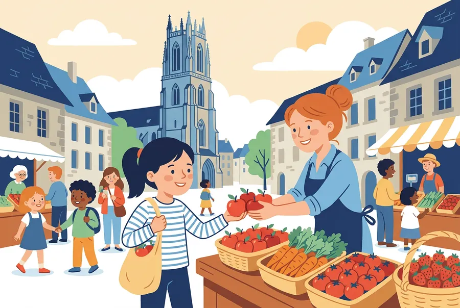 Ein Mädchen mit Stofftasche kauft an einem Marktstand in der Altstadt von Fribourg Äpfel bei einer Bäuerin.