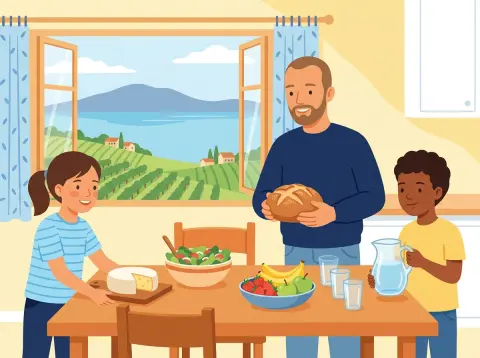 Essen und Trinken auf Französisch: Ein Vater und zwei Kinder decken in einer hellen Küche mit Blick auf den Genfersee den Tisch mit Brot, Käse, Salat, Obst und Wasser.