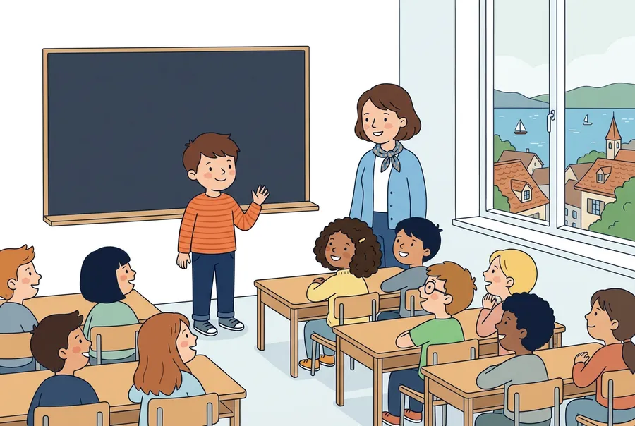 Ein Junge stellt sich im Klassenzimmer einer Austauschklasse vor, die anderen Kinder hören ihm freundlich zu.