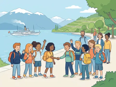 être konjugieren: Schulkinder aus der Deutschschweiz und der Romandie lernen sich am Ufer des Genfersees kennen und winken einander zu.