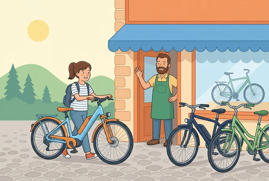 Eine Jugendliche schiebt ein E-Bike aus einem Velogeschäft, der Verkäufer winkt ihr nach.
