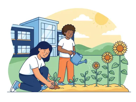 Lineares und exponentielles Wachstum: Zwei Jugendliche pflanzen im Schulgarten Setzlinge, daneben stehen schon grosse Sonnenblumen.