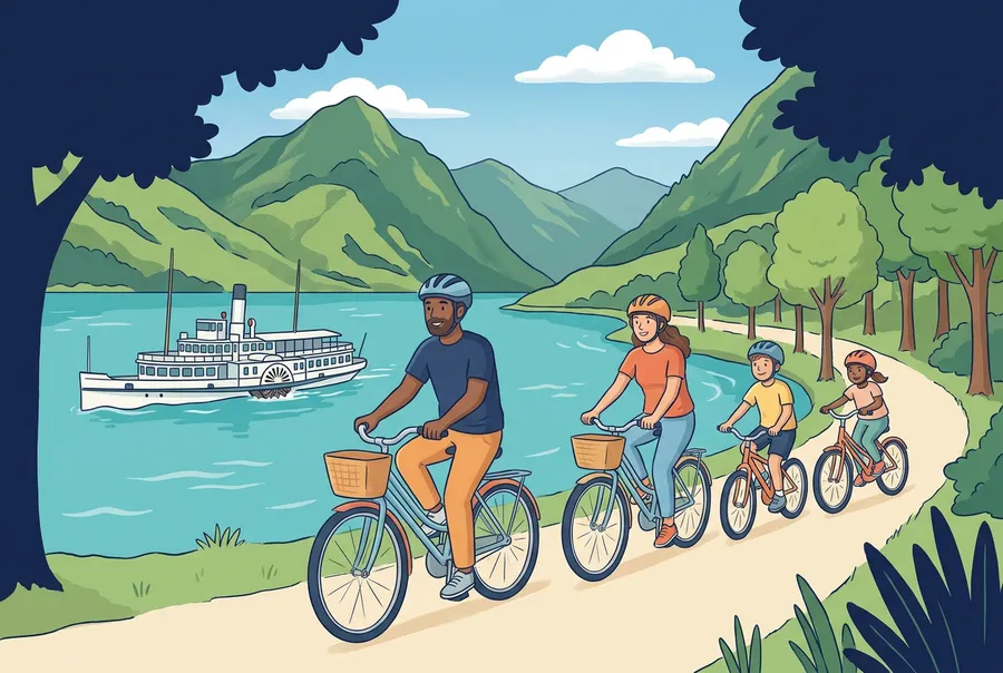 Eine Familie fährt mit dem Velo auf einem Uferweg an einem grossen See. Auf dem See fährt ein weisser Raddampfer, dahinter stehen Berge.