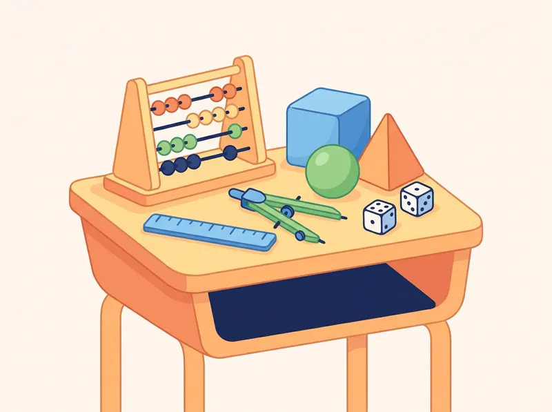 Mathematik: Abakus, Holzkörper, Lineal, Zirkel und Würfel auf einem Schulpult