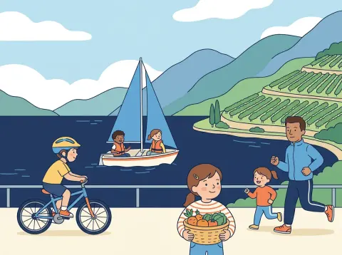 faire konjugieren: Samstag am Genfersee: Ein Kind fährt Velo, zwei segeln, ein Mädchen trägt einen Korb mit Gemüse, ein Vater joggt mit seiner Tochter.
