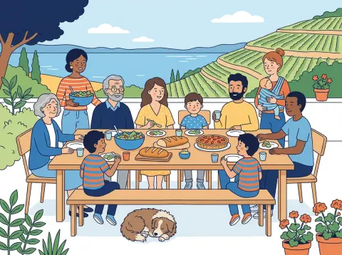 Familie auf Französisch: Eine grosse Familie mit Grosseltern, Eltern und Kindern isst an einem langen Holztisch im Garten zu Mittag, im Hintergrund ein See und Weinberge.