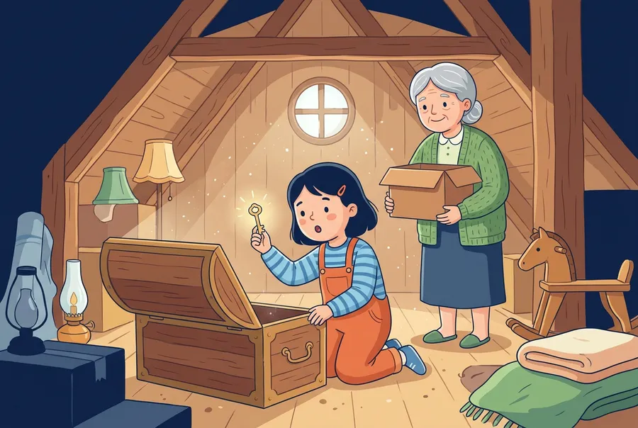 Ein Mädchen kniet in einem alten Estrich vor einer offenen Holztruhe und hält einen goldenen Schlüssel hoch, der schwach leuchtet. Die Grossmutter schaut von hinten zu.