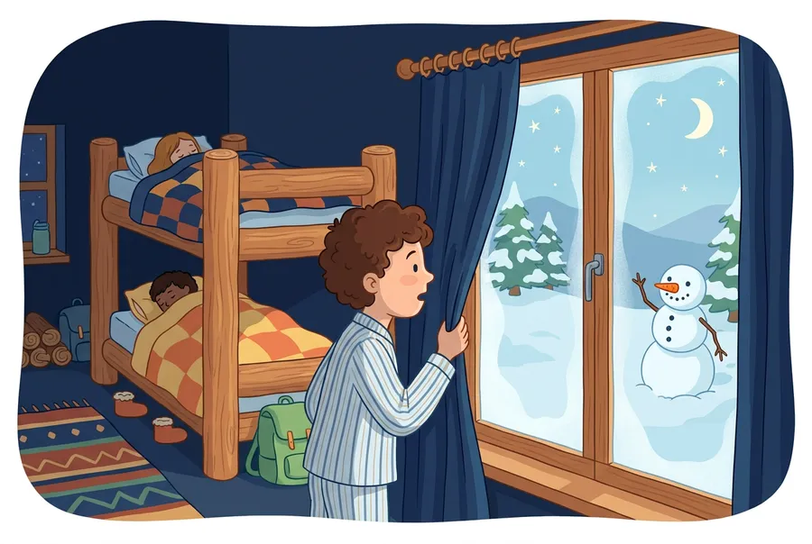 Ein Junge im Pyjama steht nachts am Fenster eines Skilagerhauses und schaut erstaunt hinaus, wo im leuchtenden Schnee ein Schneemann den Arm hebt.