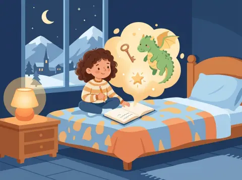 Fantasiegeschichte schreiben: Ein Mädchen sitzt im Schneidersitz auf dem Bett und schreibt in ein Heft. Über dem Heft schweben ein kleiner Drache, ein Schlüssel und ein leuchtender Stern.