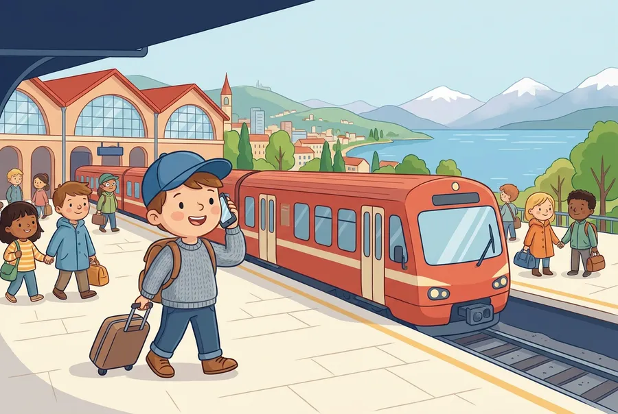 Ein Knabe mit blauer Kappe, grauem Pullover und braunen Schuhen telefoniert fröhlich auf einem Bahnsteig, im Hintergrund der Genfersee und die Berge.