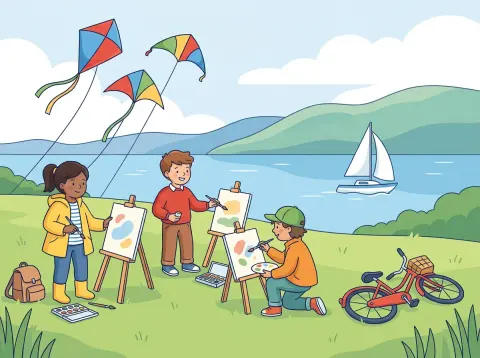 Farben auf Französisch: Kinder malen an einem sonnigen Nachmittag auf einer Wiese am Neuenburgersee mit Farbkasten und Pinsel, am Himmel fliegen bunte Drachen.