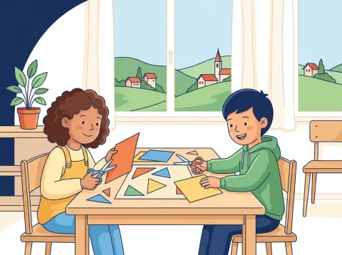 Fläche von Dreieck, Parallelogramm und Trapez: Zwei Kinder schneiden am Tisch farbiges Papier in Dreiecke und schiefe Vierecke und legen die Stücke zusammen.