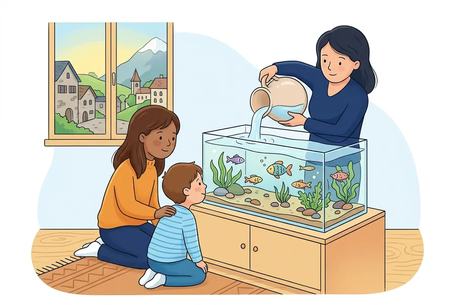 Zwei Kinder knien im Wohnzimmer vor einem Aquarium, die Mutter giesst mit einem Krug Wasser hinein.