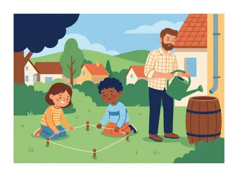 Flächen- und Raummasse umrechnen: Zwei Kinder stecken im Garten mit Schnur und Holzpflöcken ein Beet ab, der Vater füllt eine Giesskanne am Regenfass.
