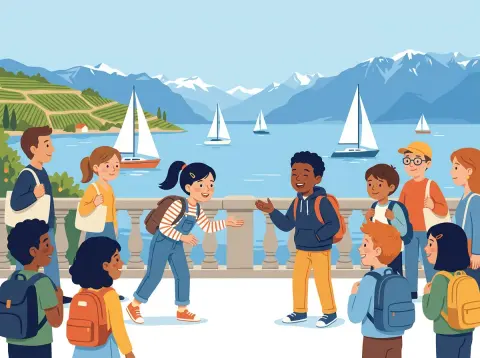 Fragen stellen mit est-ce que: Zwei Gruppen von Jugendlichen treffen sich zum ersten Mal am Ufer des Genfersees; ein Mädchen fragt neugierig, ein Junge antwortet lachend.