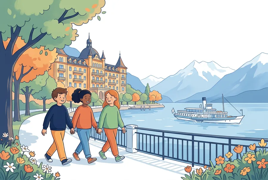 Drei Kinder spazieren am Seeufer an einem grossen alten Baum vorbei, dahinter ein altes Hotel mit Türmchen und ein Dampfschiff auf dem See.