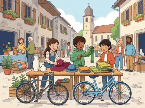 Adjektive angleichen: Kinder schauen sich auf einem Flohmarkt in einer Altstadt bunte Hüte, Schals und ein altes und ein neues Velo an.